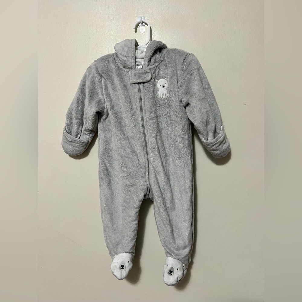Carters Just One You Zip Up One Piece Baby 9 Months Hooded Grey Bear Warm Winter